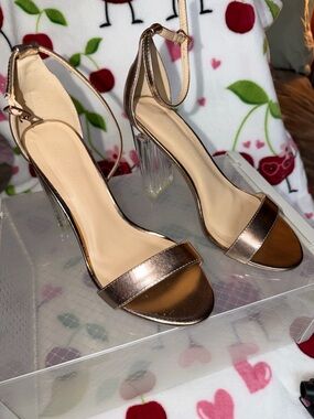 Metallic Rose Gold Ankle-Strap Block Heel Sandals